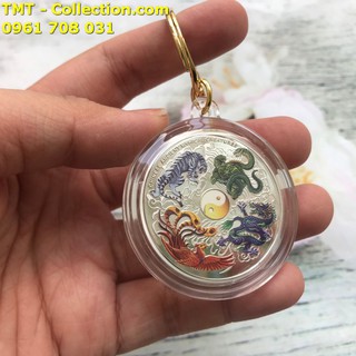 Móc khóa Xu tứ linh phong thuỷ, Đồng xu được in hình màu 4 thần thú Long Lân Quy Phụng- SP005163