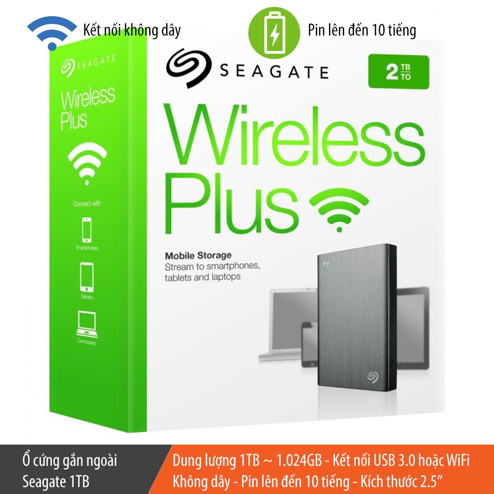 Ổ cứng gắn ngoài Seagate Wireless Plus 1TB / 2TB, kết nối USB 3.0, kết nối WiFi, pin 10 giờ, kích thước 2.5"