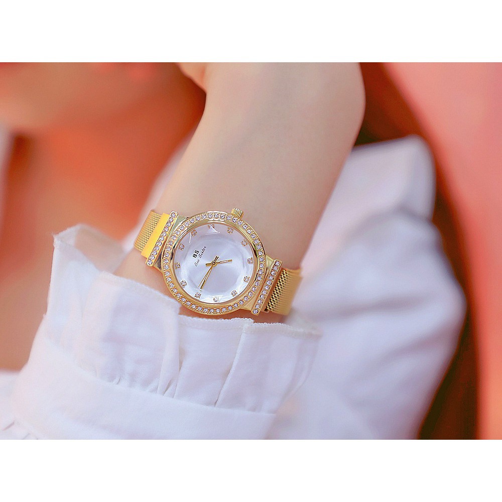 Đồng hồ nữ Bee Sister FA1519 dây thép cao cấp khóa nam châm mặt tròn đính đá đa giác. Bán lẻ giá sỉ