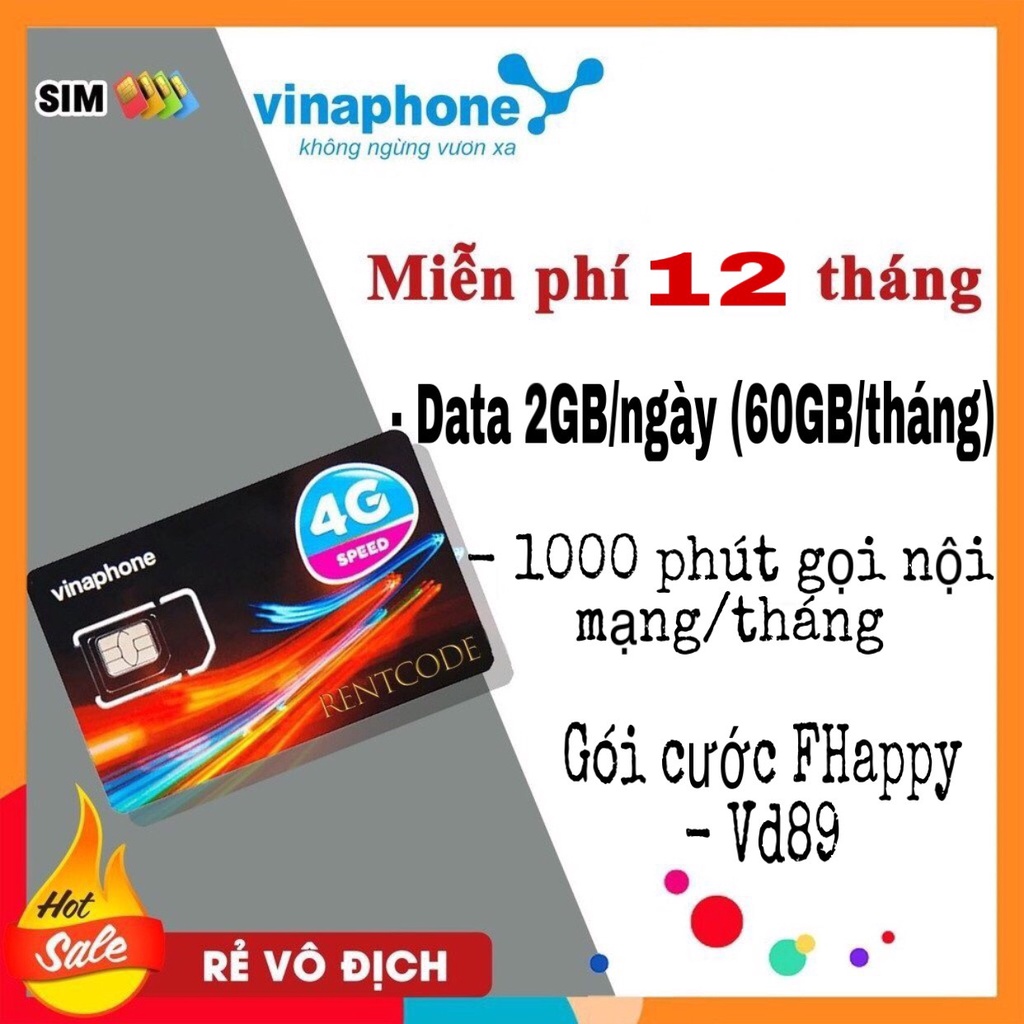 [Miễn phí 1 năm] Sim Vd89, Fhappy 2GB/ngày, 60GB/tháng, Mua 1 lần dùng cả năm