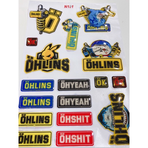 Decal tem nổi mẫu Pikachu ohlins..., tem cao cấp dán xe máy, ô tô, mũ bảo hiểm chống thấm nước, chống bay màu