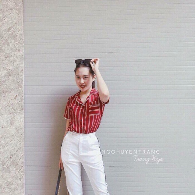 Set áo sơ mi kẻ + quần trắng