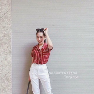 Set áo sơ mi kẻ + quần trắng