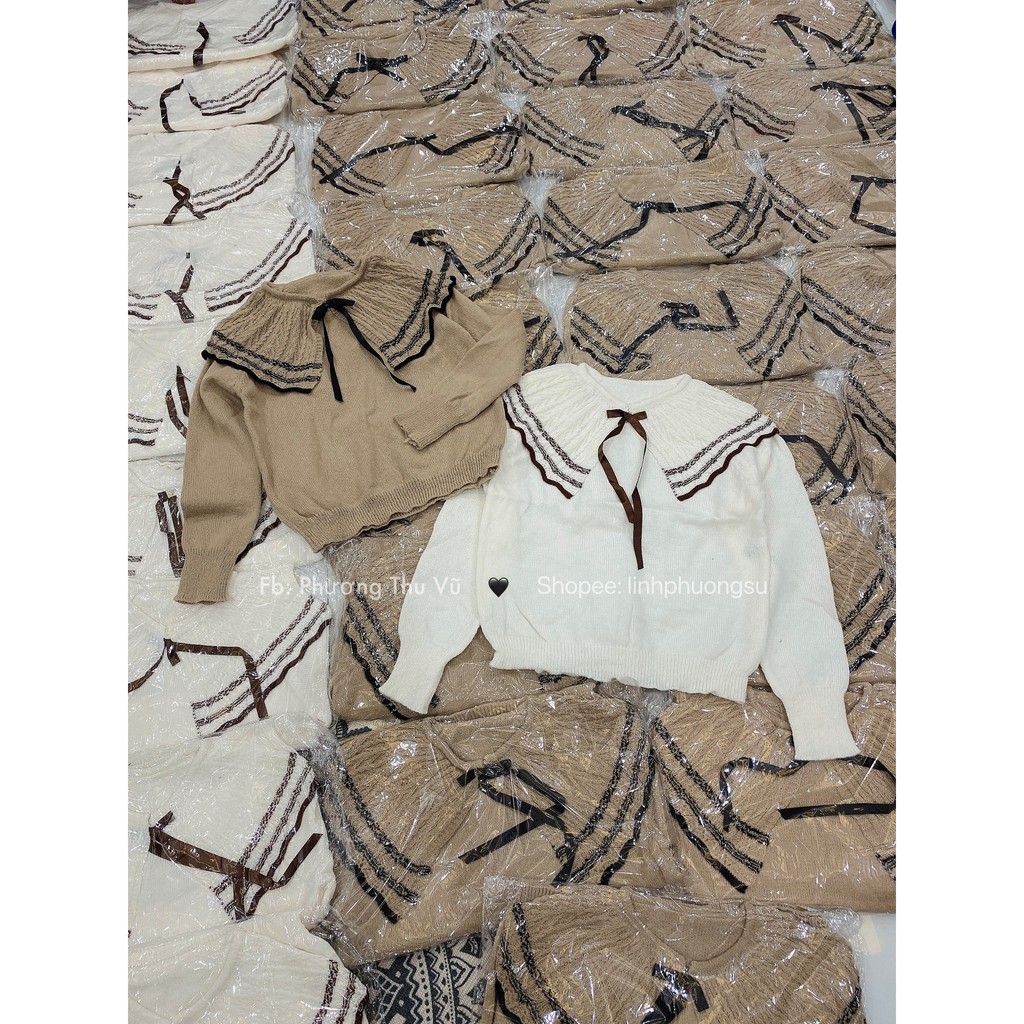 Áo len bèo trễ vai nơ ngực tông màu be - Ảnh thật tự chụp | BigBuy360 - bigbuy360.vn