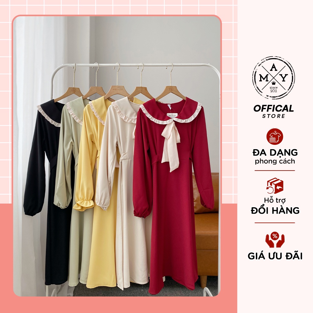 Váy Cổ Sen Viền Bèo Gắn Nơ Cổ MAY.SINCE2011 Thiết Kế Ôm Trên Vạt Váy Xòe Chất Liệu Vải Thoáng Mát MAN01-0087 | BigBuy360 - bigbuy360.vn