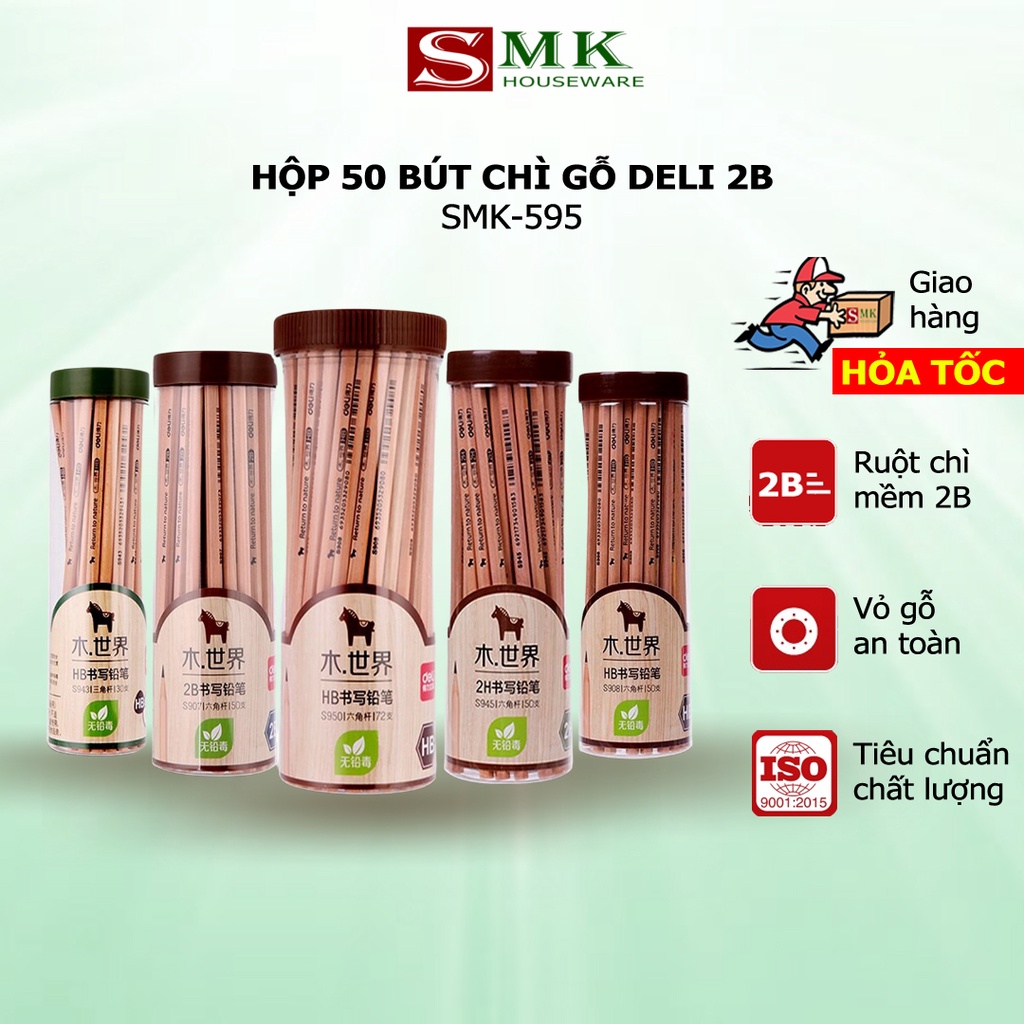 Bút Chì Gỗ DELI 2B Nắp Xanh Hộp 50 Bút Siêu Tiết Kiệm