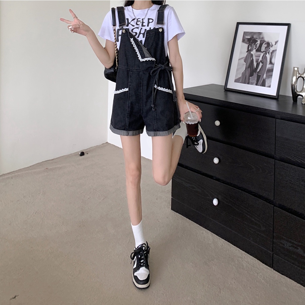 Quần Short Yếm Jean Màu Đen Thời Trang Mùa Hè 2022