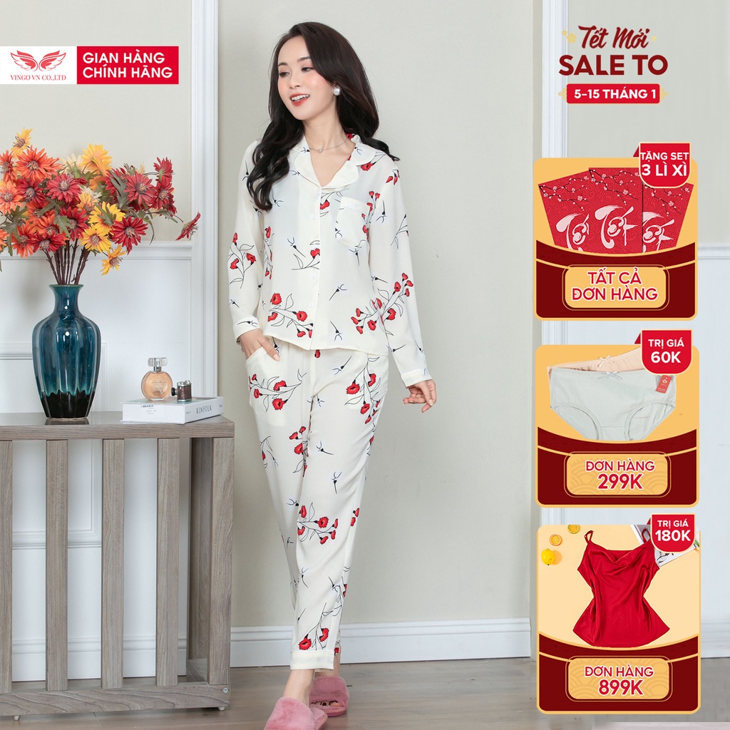 Đồ bộ nữ pyjama mặc nhà VINGO tay dài quần dài có eo mùa Thu Đông ấm áp cát Hàn cao cấp họa tiết hoa lá H614 - TDQD