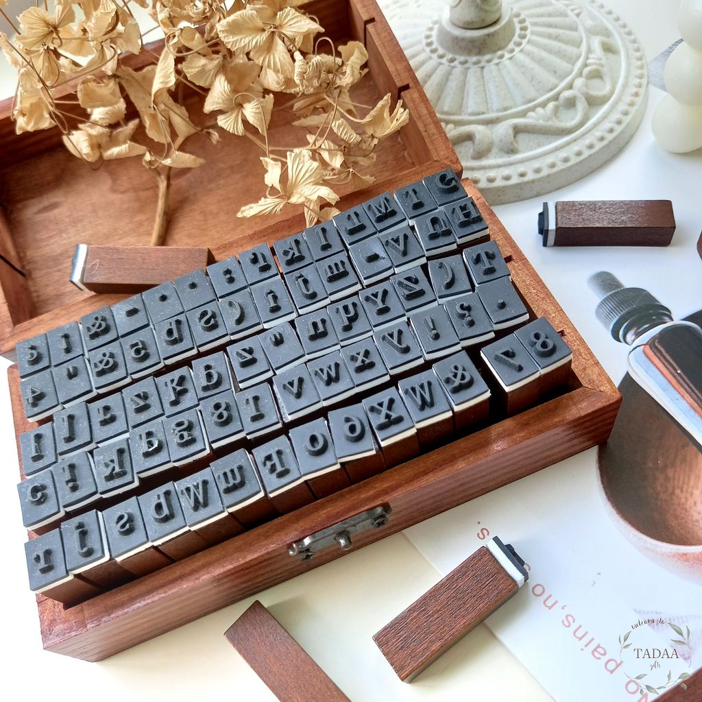 Set hộp con dấu gỗ in chữ cái alphabet trang trí bullet journal phong cách vintage cổ điển
