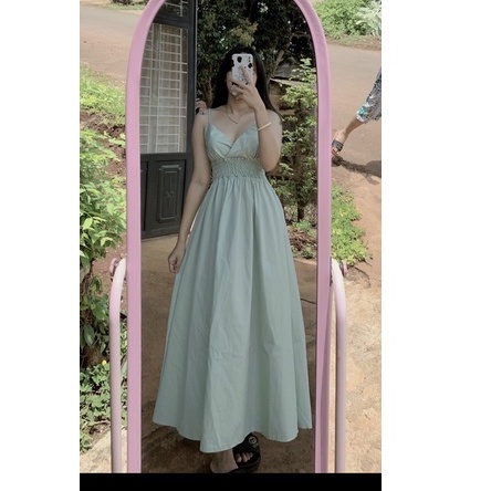 Đầm maxi hai dây nhún eo dáng xòe có mút ngực đi chơi đi biển siêu xinh