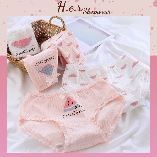 Set 5 Quần Lót Nữ Cotton Cao Cấp Đẹp Thấm Hút Mồ Hôi Kháng Khuẩn Viền Ren Họa Tiết Dưa Hấu Dễ Thương CT01- Her Sleepwear | BigBuy360 - bigbuy360.vn