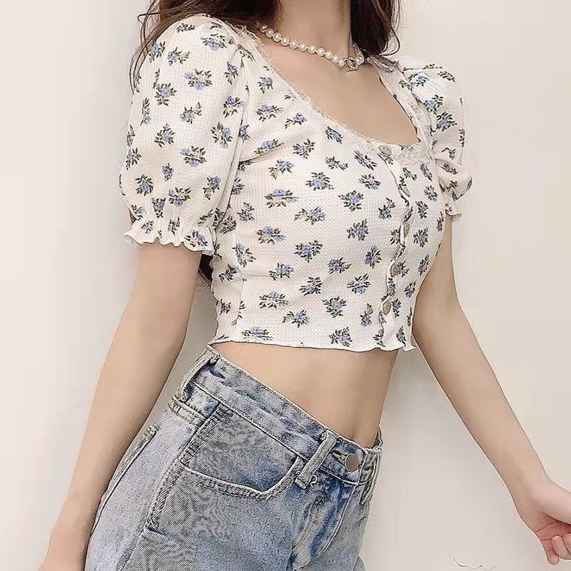 Áo croptop tay phồng in họa tiết hoa xinh xắn cho nữ