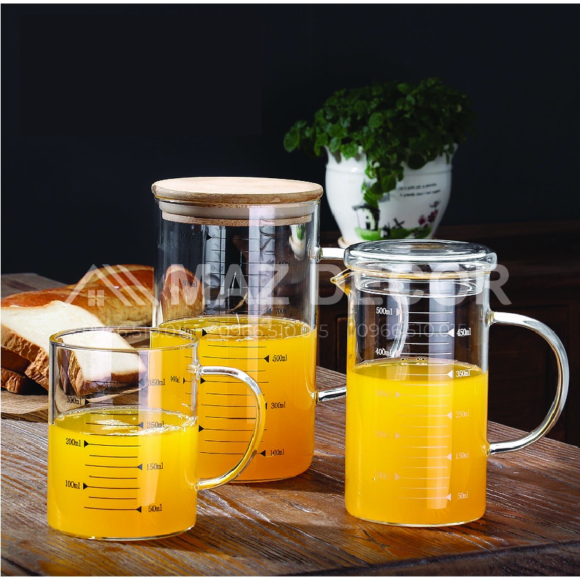 Ly Cốc ca thủy tinh Glass Cup chia vạch đo lường định lượng đong thể tích có nắp gỗ đậy chịu nhiệt 350-500-1000ml