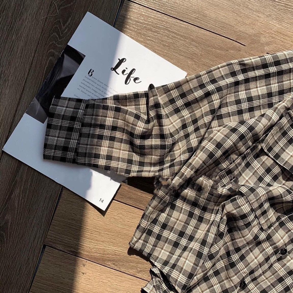 LOVI SHOP- Áo sơ mi caro 2 túi nắp kẻ màu nâu phong cách vintage