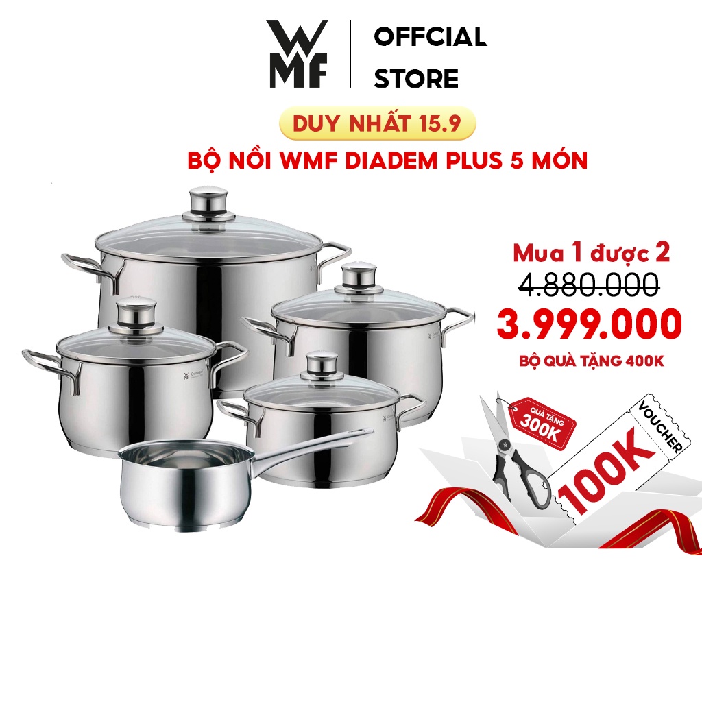 Bộ nồi WMF DIADEM PLUS 5 Món Chất Liệu Thép Không Gỉ Cromargan - Dùng Cho Mọi Loại Bếp, Bảo Hành 24 Tháng - 0730356040