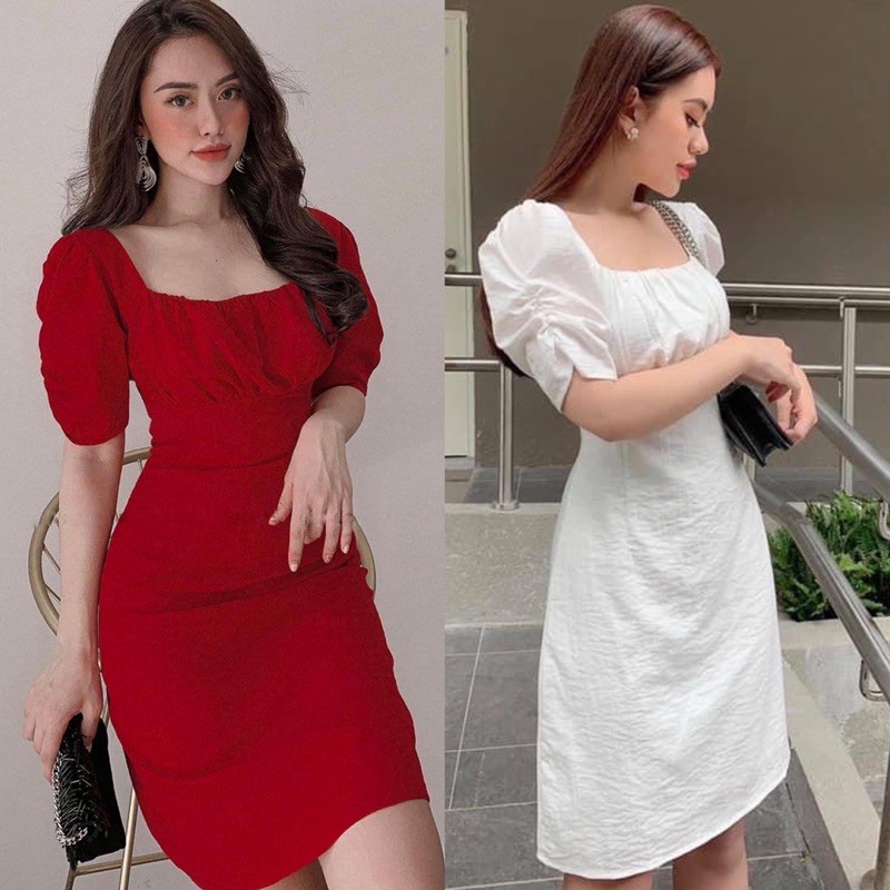 Đầm cổ vuông nhíu ngực nhún tay