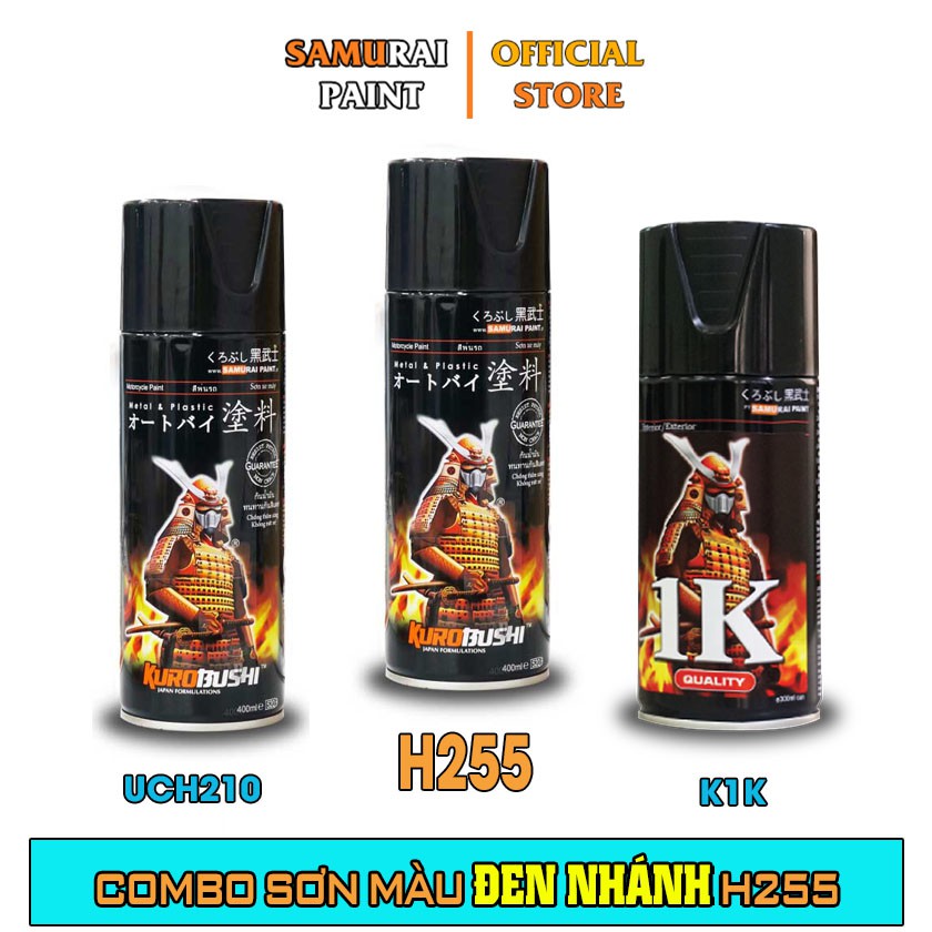Combo Sơn Samurai Màu Đen Nhánh Chính Hãng (H255 - UCH210 - K1K - P800)