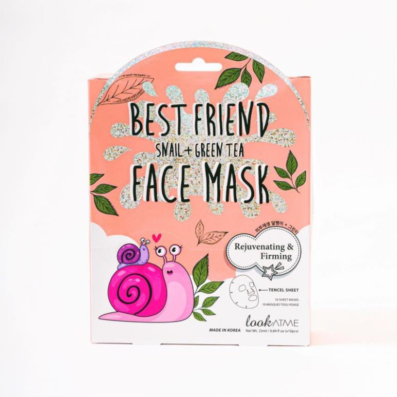 HỘP 10 MIẾNG ĐẮP MẶT NẠ HÀN QUỐC ỐC SÊN + TRÀ XANH LOOKATME BEST FRIEND SNAIL + GREEN TEA FACE MASK 25ML