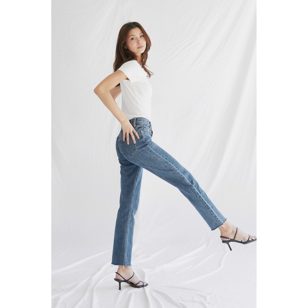 TheBlueTshirt -  Quần Jeans Lưng Cao Nữ  -  Raw Hem Jeans Western Wash