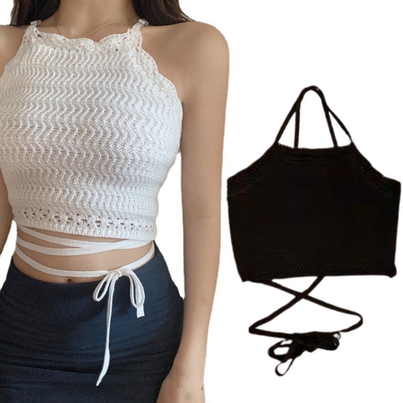 Áo Croptop Đan Len Hai Dây Cột Dây Ngực Họa Tiết Kẻ Sọc Quyến Rũ Cho Nữ