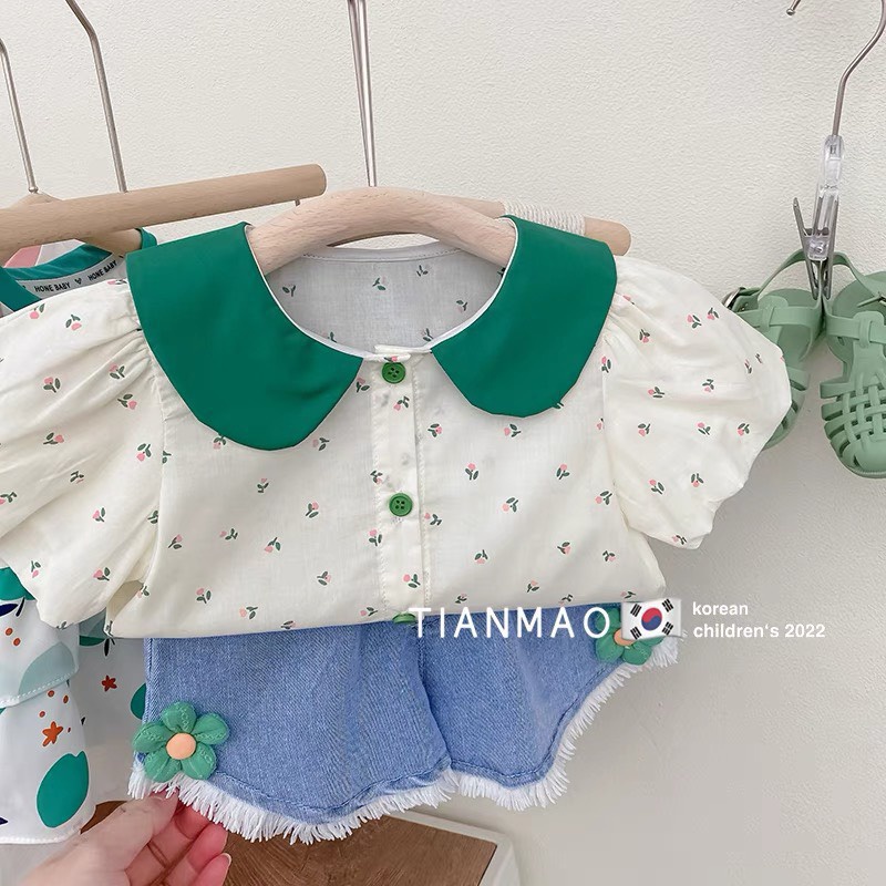 Set Bé Gái Áo Đũi Hoa Phối Quần Bò Mềm Đính Hoa Xinh Xắn Size 8-20kg