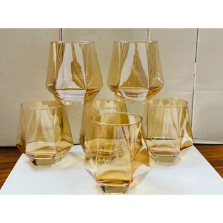 Hộp 6 cốc thuỷ tinh chịu  nhiệt dáng kim cương sang chảnh, 3 màu: vàng, ánh trai, xám khói