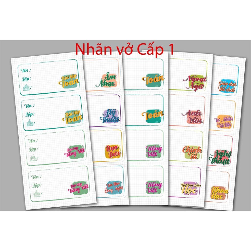Nhãn vở cấp 1, 2, 3 in tên môn học