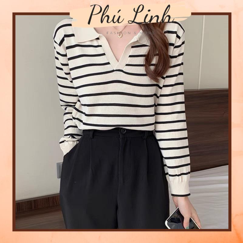 MS414 Áo len polo cổ bẻ kẻ ngang Hàn Quốc