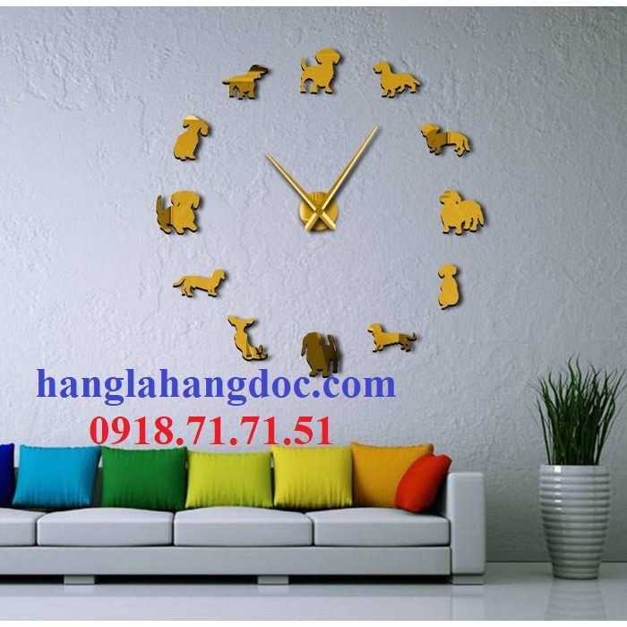 Đồng hồ dán tường DIY clock 3D hình chó cưng, mẫu số 17