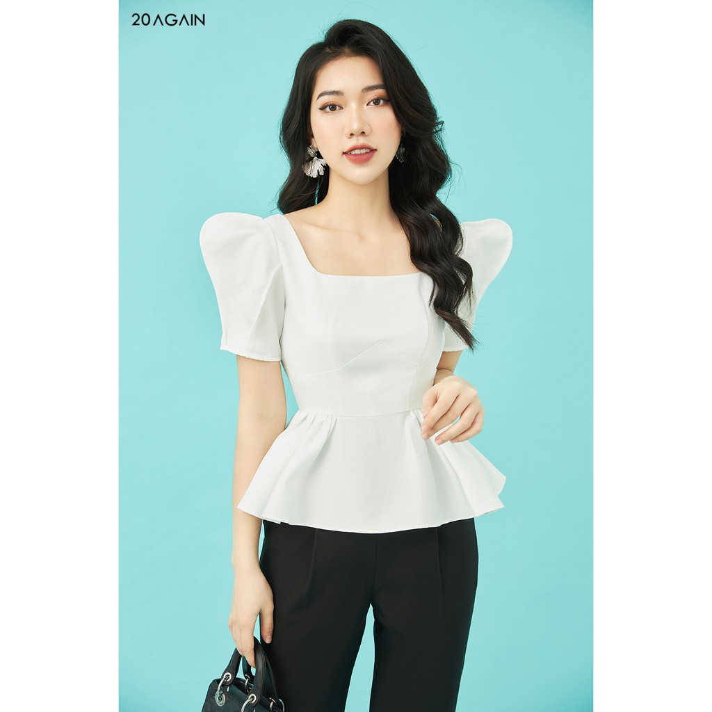 Áo sơ mi nữ cổ vuông tay bồng 20AGAIN, thiết kế dáng peplum thanh lịch, tôn dáng ASA0638