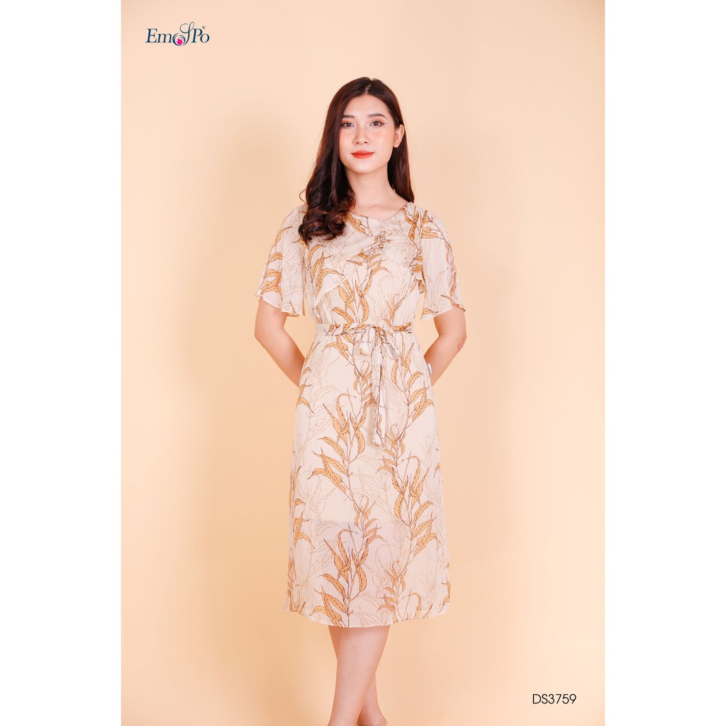 Đầm suông tà bong thân trước, rúm ly cổ, đai rời buộc nơ eo Emspo DS3759 (Be,Xanh)