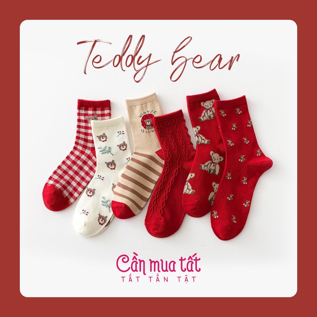 Set tất hộp quà tặng Caramella cao cấp 6 đôi vớ cổ dài chủ đề gấu đỏ kèm hộp đựng sang trọng 2021