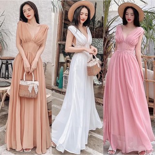 [FOLLOW GIẢM 10K] Váy Maxi Cổ V Khoét Sâu Thiết Kế Hở Lưng Sang Chảnh, Đầm Maxi Voan Cát Ba Màu
