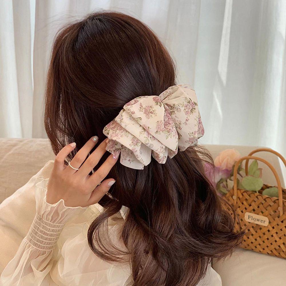 Kẹp Tóc Nơ Vải Nhiều Lớp Họa Tiết Hoa Thời Trang Mùa Hè Cho Nữ WMES15H