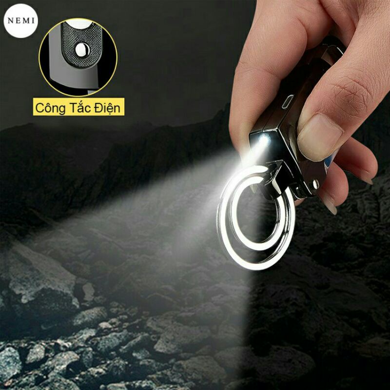 Quẹt điện móc khóa inox oto xe máy đa năng cao cấp có đèn pin