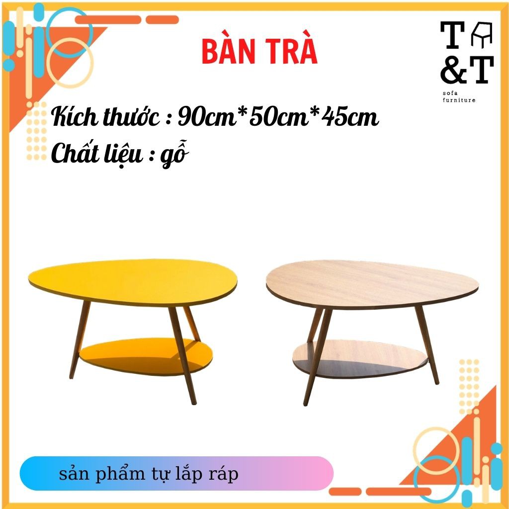 [siêu sale] bàn trà sofa hình trứng 2 tầng màu vàng, màu gỗ tự nhiên