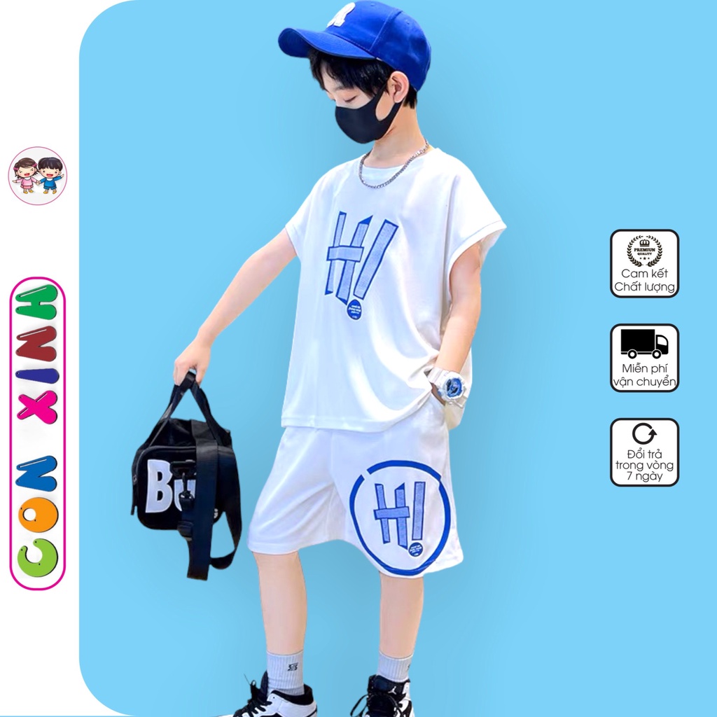 Bộ đồ bé trai Con Xinh sát nách hình in HI!,thời trang mùa hè dành cho trẻ em từ 4 đến 10 tuổi