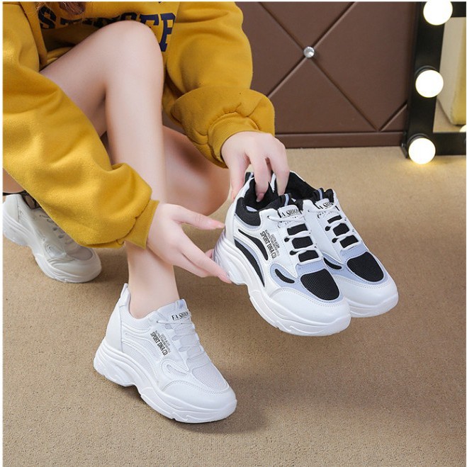 Giày thể thao nữ đế độn 7p siêu thoáng 2 màu đen, trắng