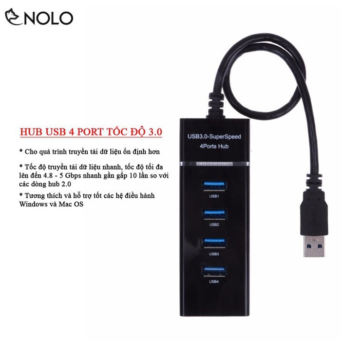 Hub Chia Cổng USB Chuẩn Tốc Độ 3.0 HB03 4 Port Dây Cáp Dài 30cm Hỗ Trợ Win 10
