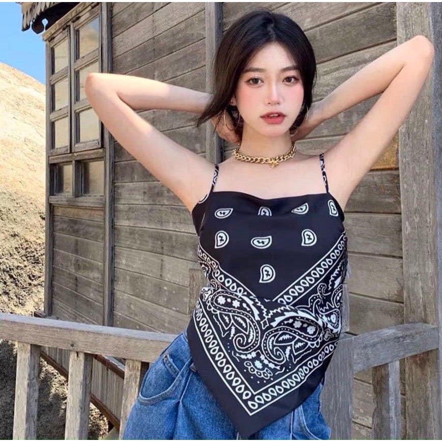 Áo 2 Dây Thổ Cẩm PEONYB Nữ [FREESHIP]  Thun họa tiết vintage thắt nơ lưng, body dáng ôm màu trắng đen cá tính Ulzzang