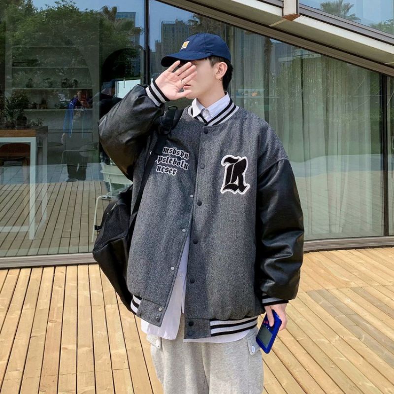 ÁO KHOÁC BÓNG CHÀY ĐÓNG CÚC PHỐI TAY DA HÀNG QUẢNG CHÂU