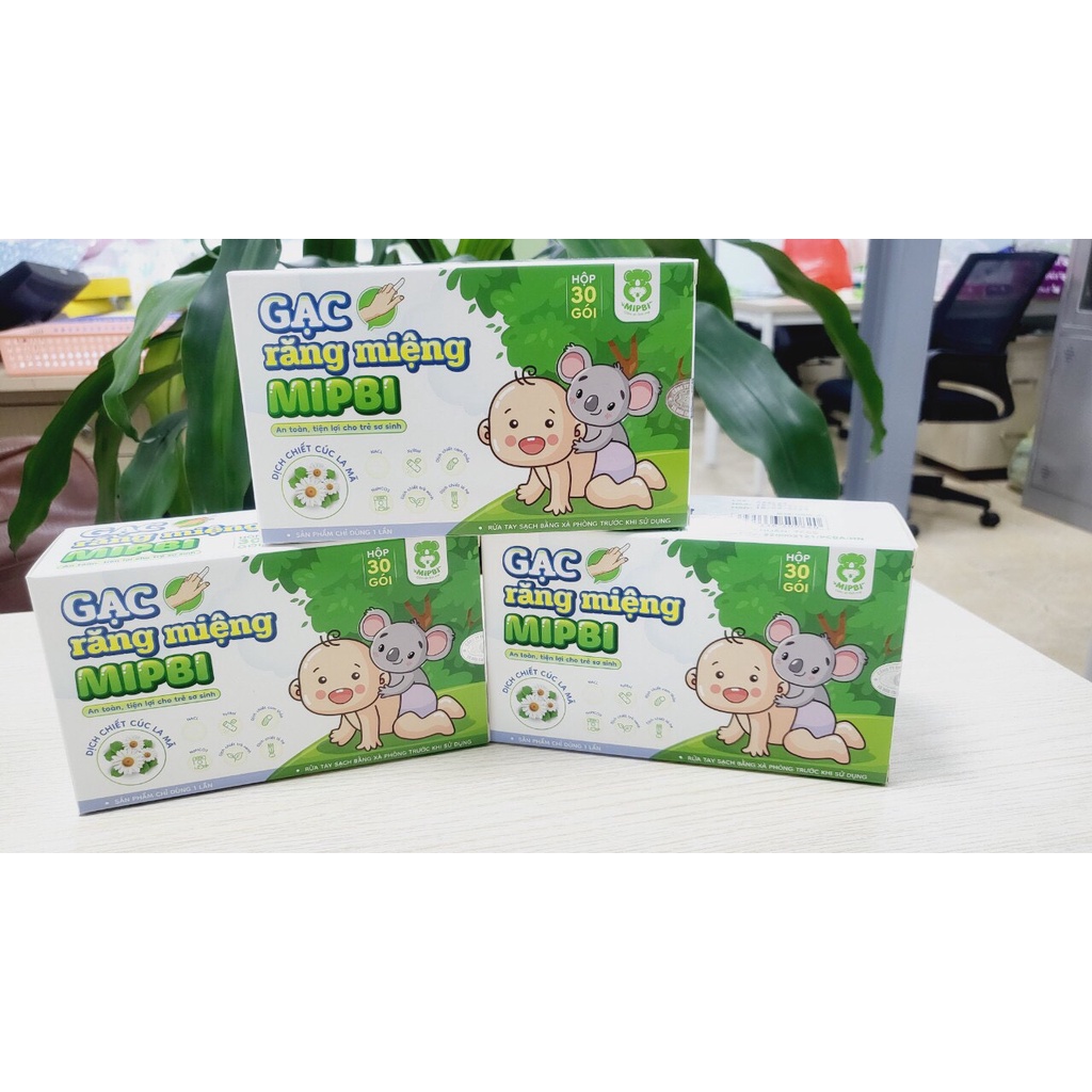 Gạc rơ lưỡi vệ sinh răng miệng cho bé Mipbi thành phần lá hẹ hỗ trợ bé mọc răng tốt hộp 30 gói