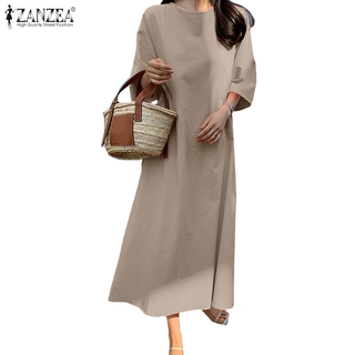 Đầm dáng dài rộng ZANZEA tay dài 3/4 cổ tròn màu trơn phối túi bên hông thời trang cho nữ