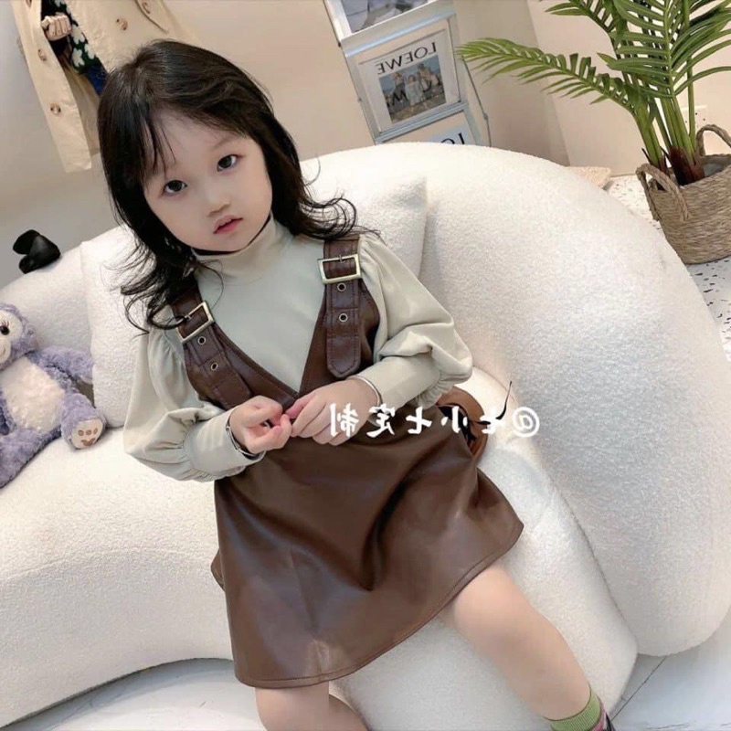 Set váy da áo cổ lọ bé gái