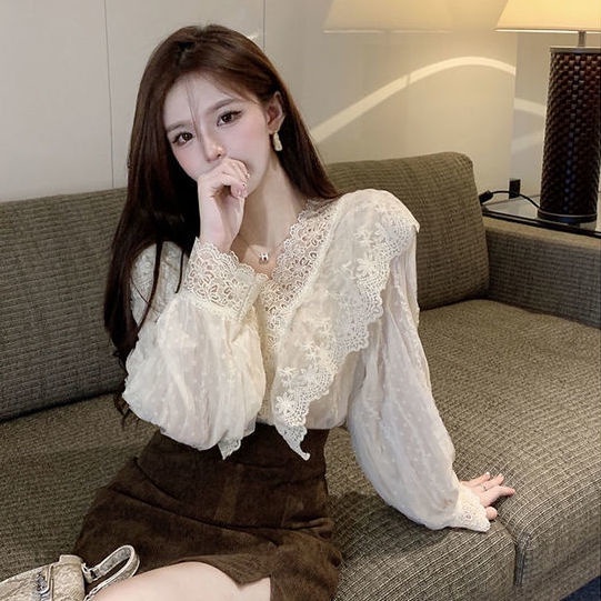 Áo sơ mi voan tay dài cổ búp bê phong cách retro Pháp thời trang thu đông cho nữ 2021