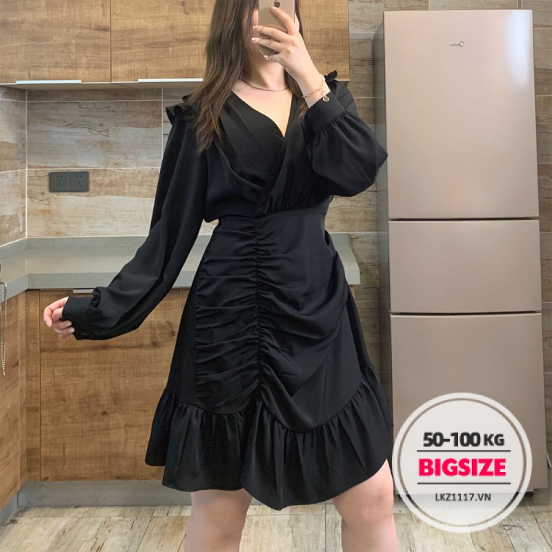 Đầm đuôi cá Bigsize Váy nữ dáng ôm tay dài cổ chữ v xếp ly mùa xuân Phong cách Hàn Quốc Thời Trang sang chảnh cá tính xinh đẹp quảng châu cao cấp