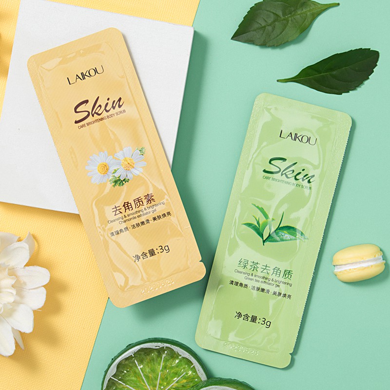 Set 2 gel tẩy tế bào chết da mặt Laikou tinh chất matcha và hoa cúc 2x3g