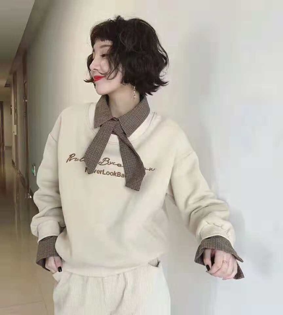 Áo nỉ chữ thêu cổ đức phối nơ kẻ
