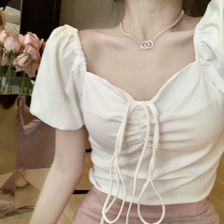 Áo Crop Top Tay Phồng Ngắn Cổ Vuông Dáng Ôm Thời Trang Mùa Hè Mới Cho Nữ