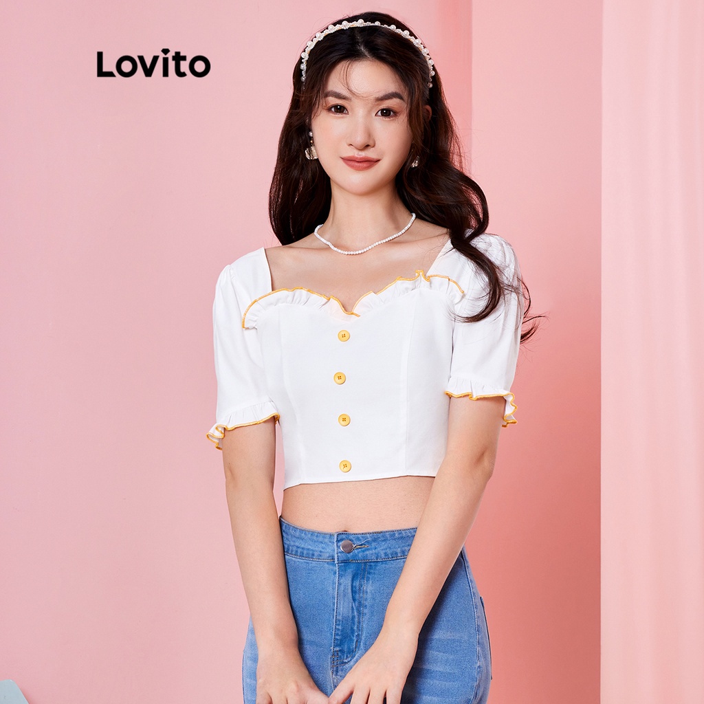 Áo cánh (Lovito Exclusive) DOPAMINE GIRLS Tay áo phồng trơn Bình thường L28AE032 (Trắng)